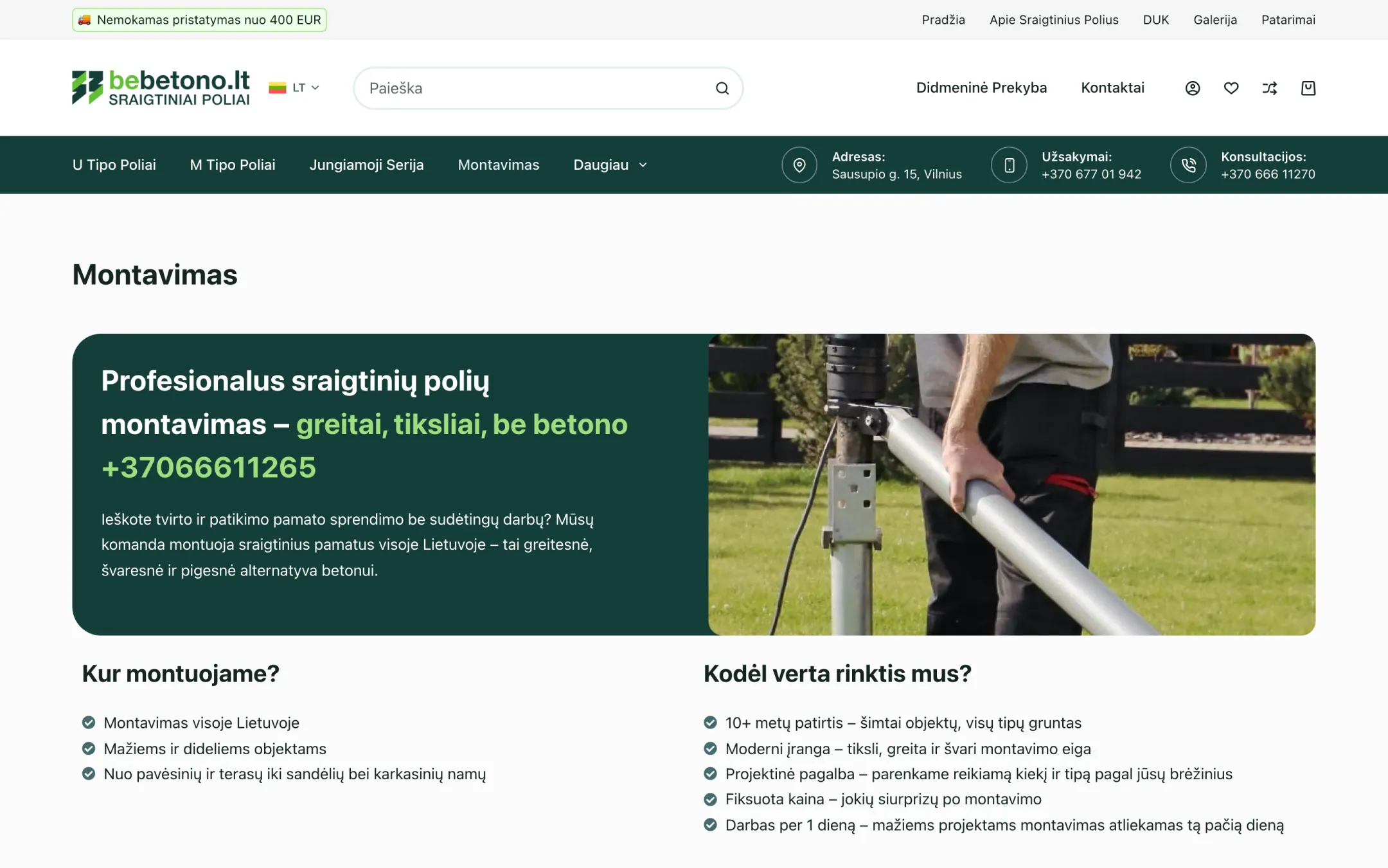 Montavimo paslaugos puslapis su nuotrauka