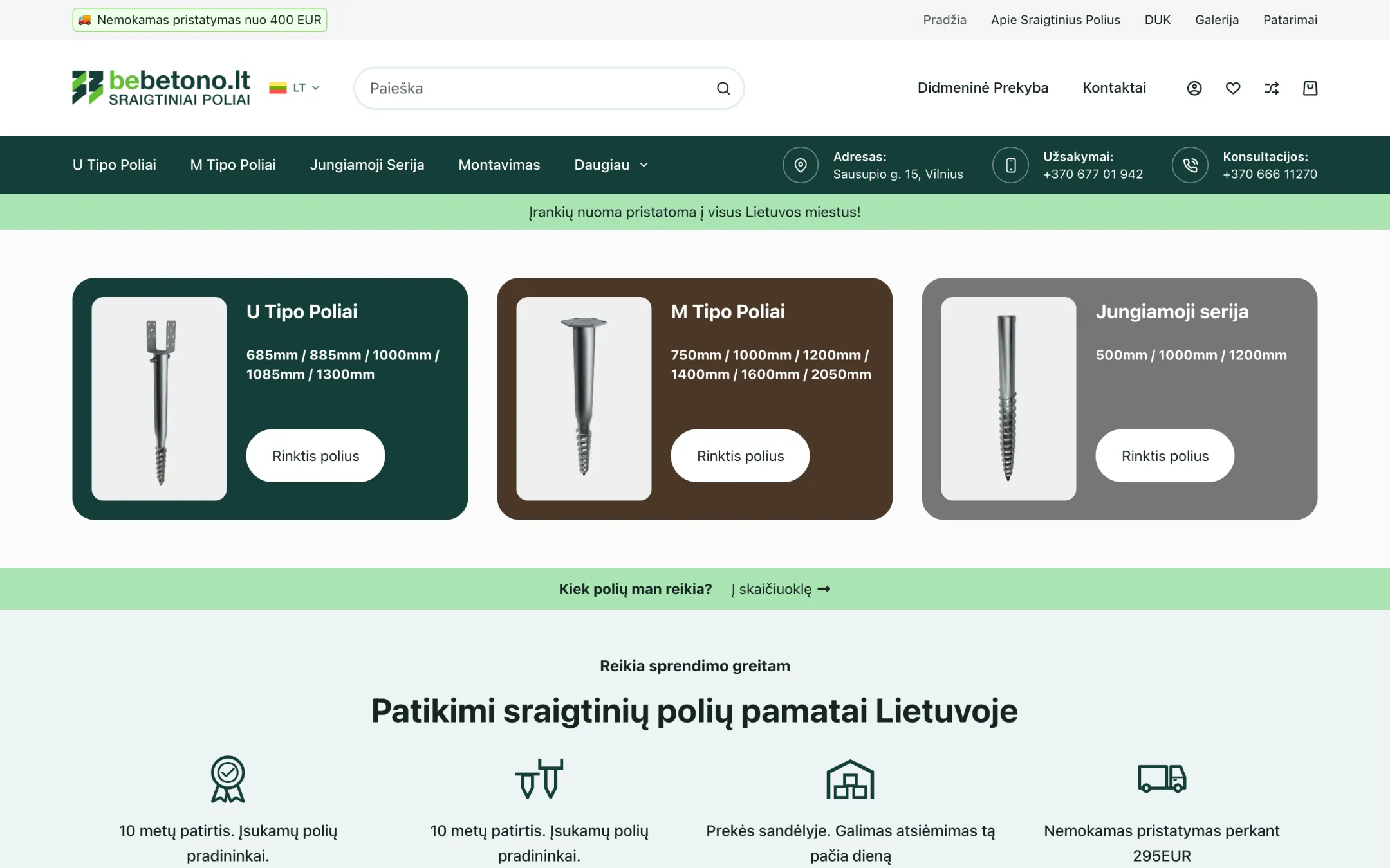 Bebetono pradinis puslapis su polių tipais ir privalumais