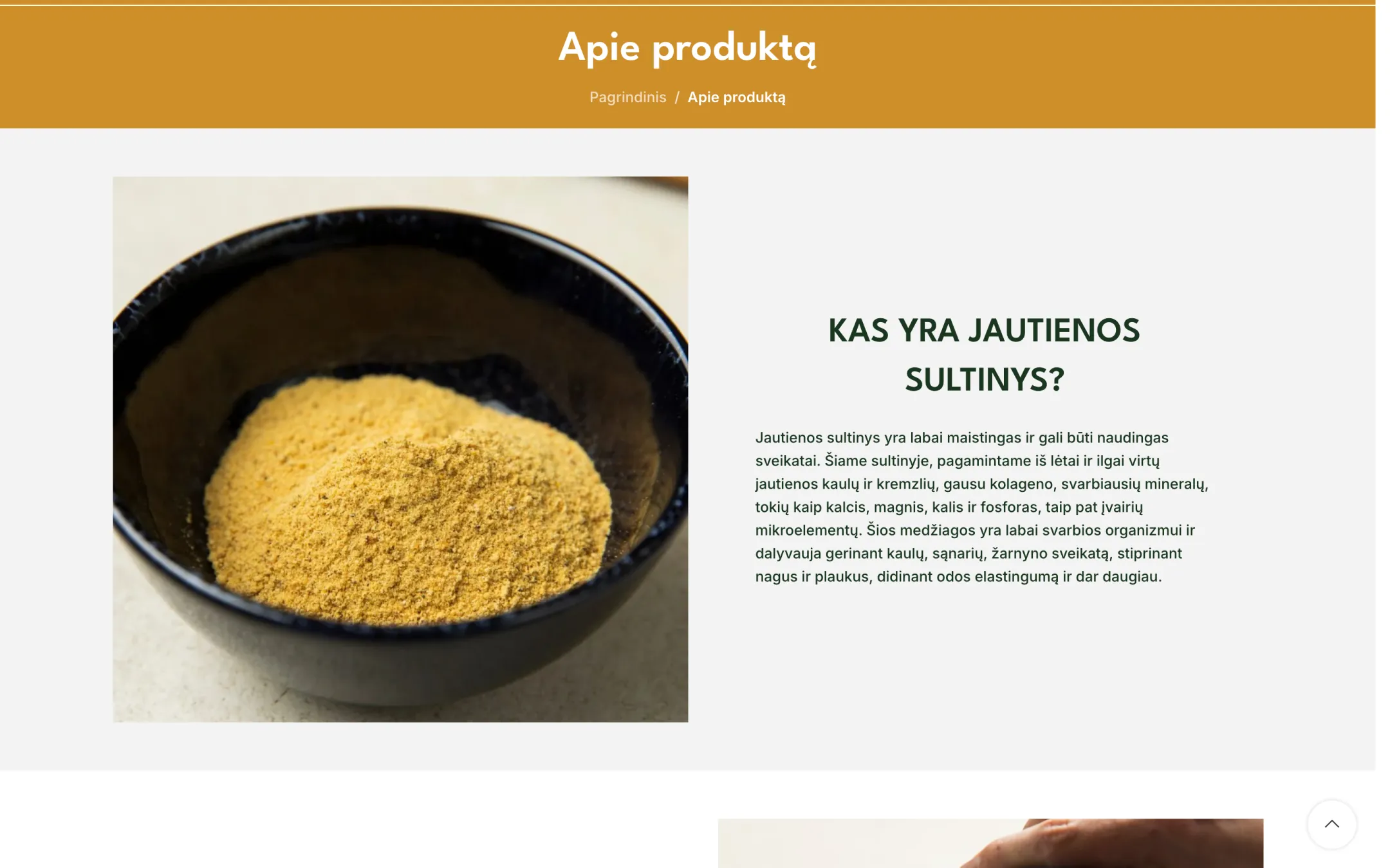 Puslapis apie produktą su sultinio milteliais dubenėlyje