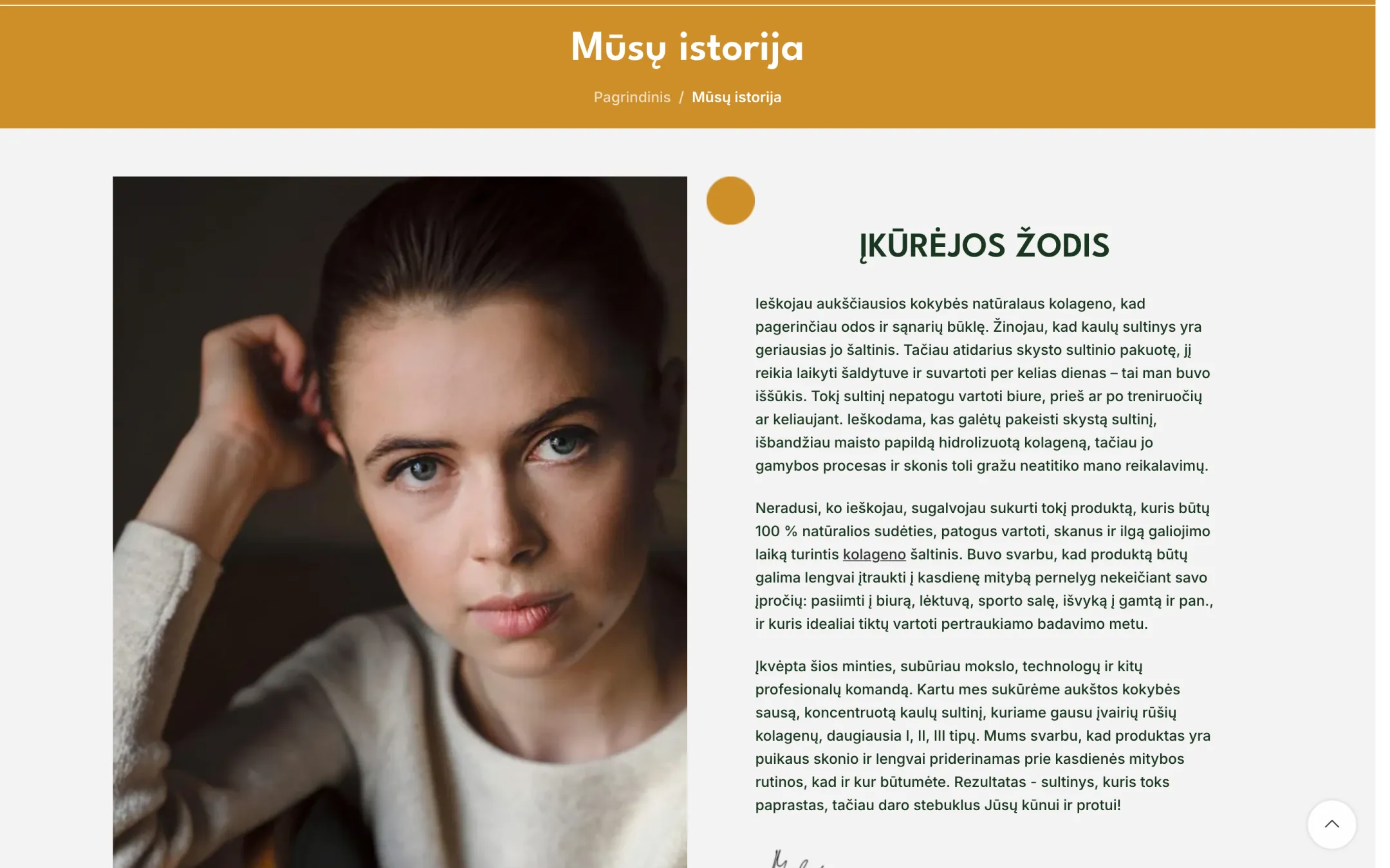 Įkūrėjos istorijos puslapis su portretu