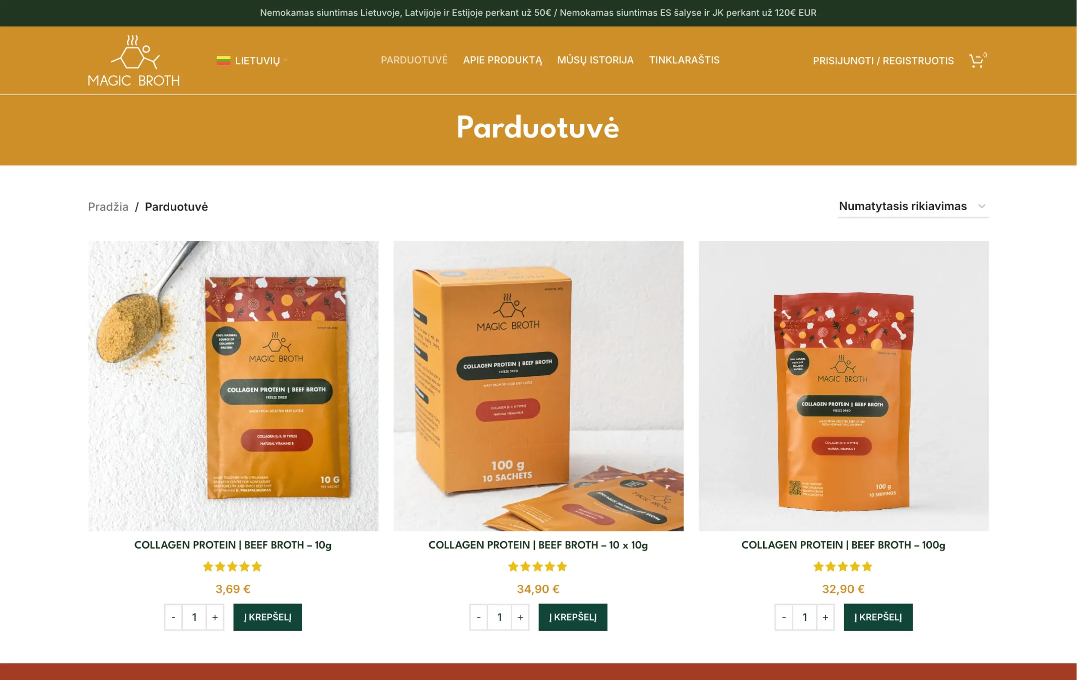 Parduotuvės puslapis su trimis produktais