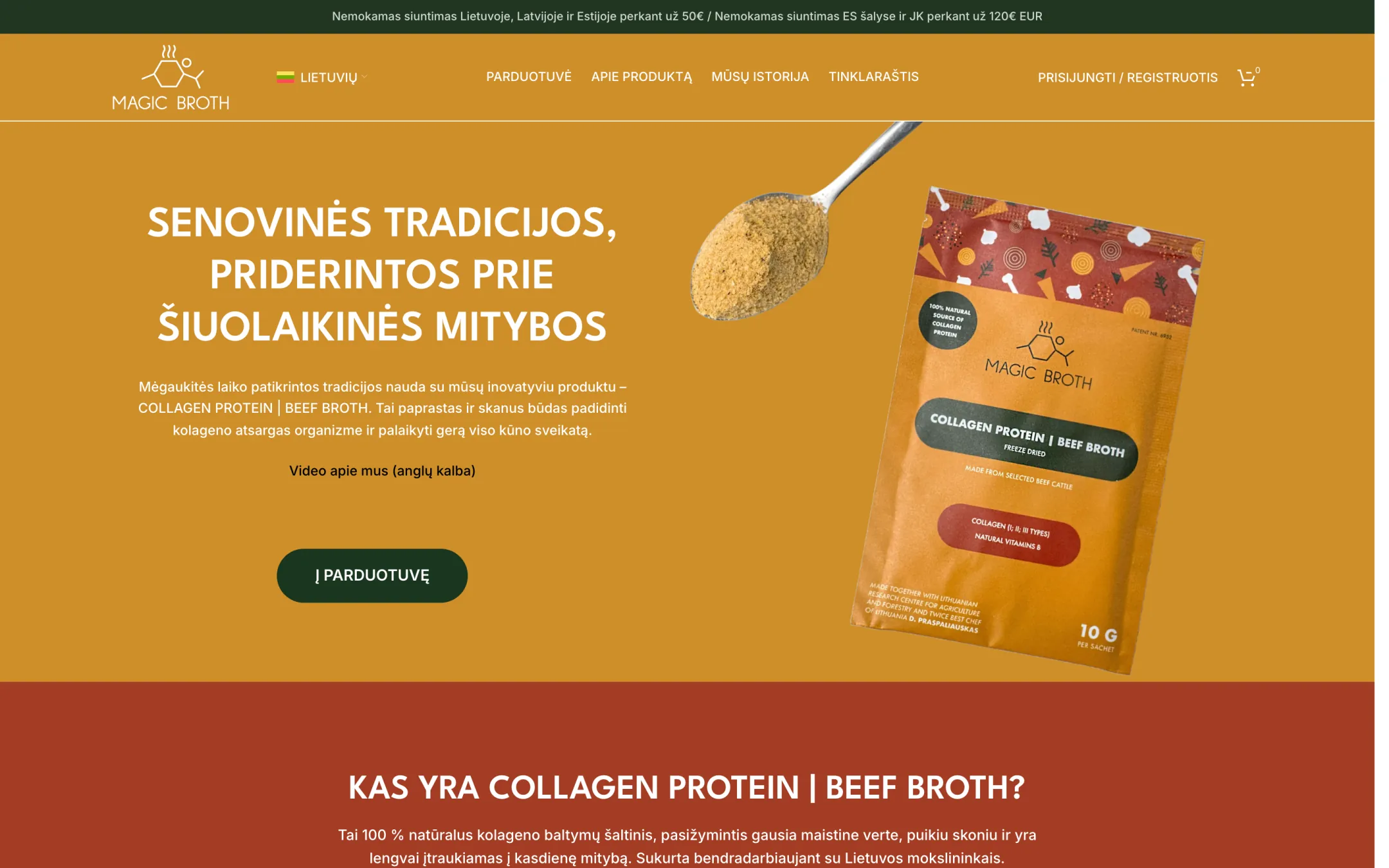 Magic Broth pradinis puslapis su sultinio pakuote
