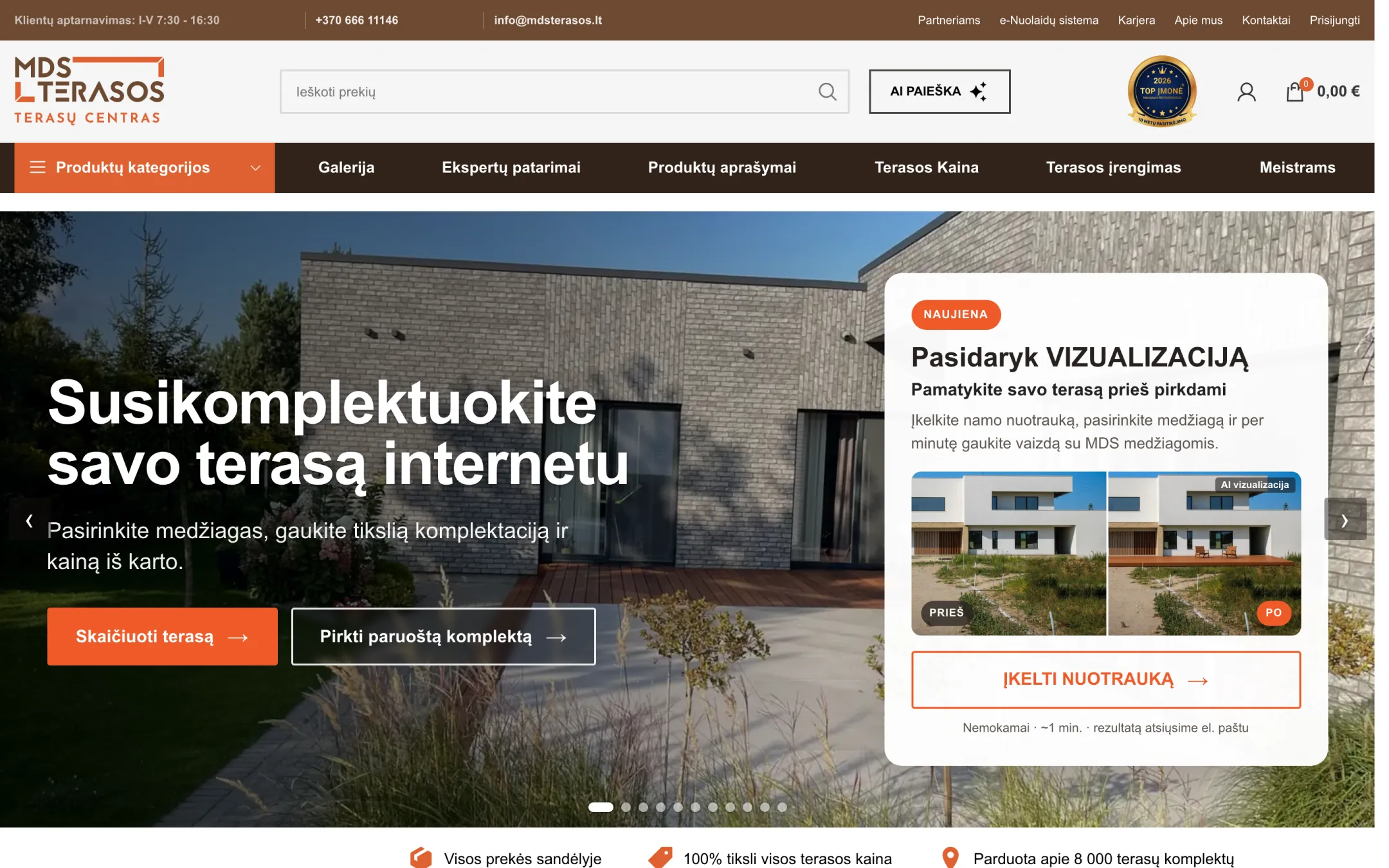 MDS Terasos home page with a deck and a visualisation offer