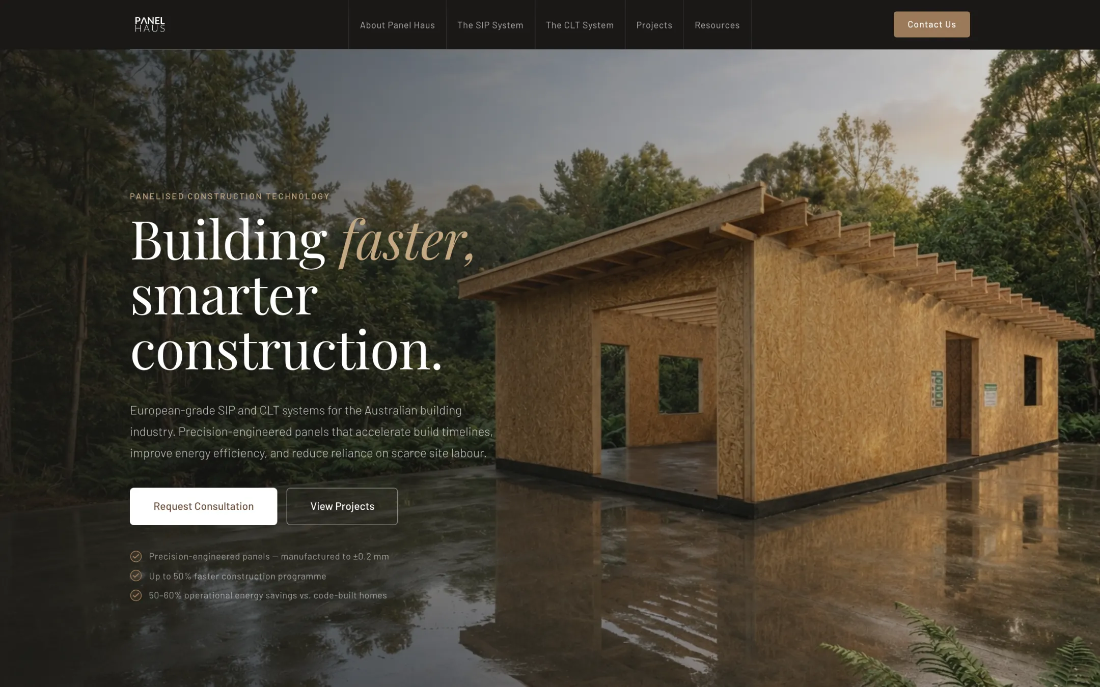 Panel Haus home page with a house being built by the water
