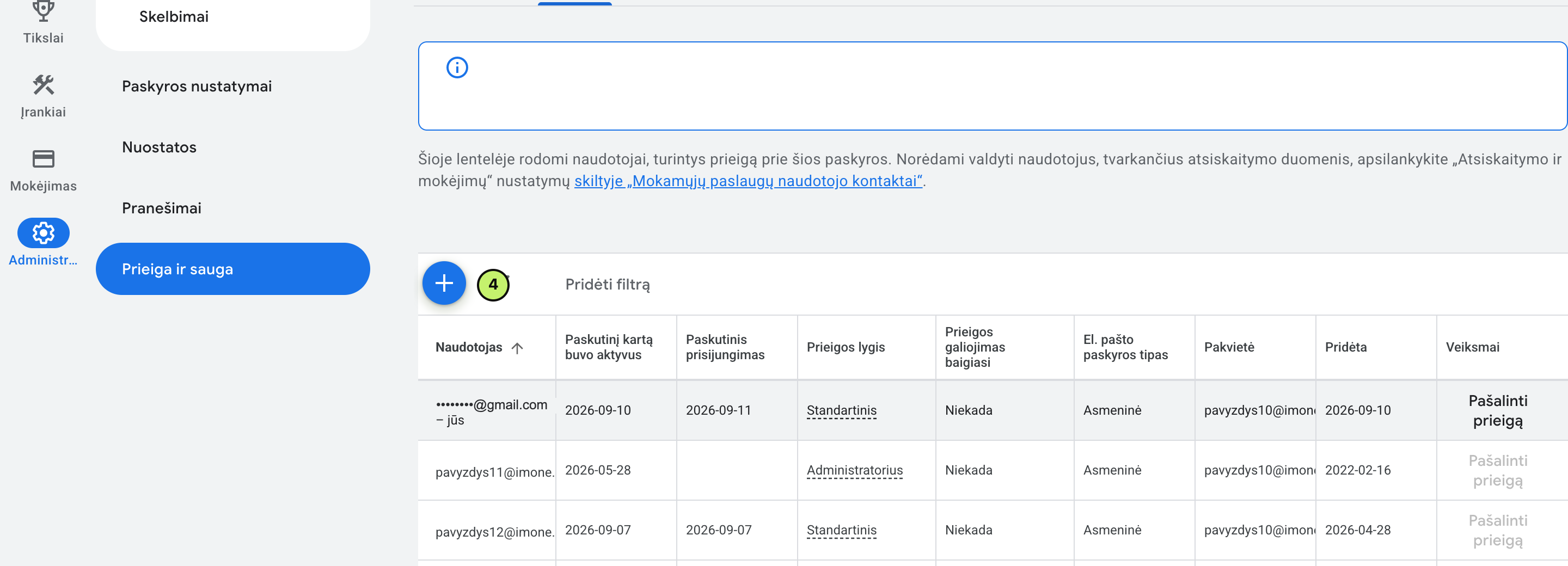 Prieigos ir saugos skiltyje, naudotojų sąraše, mėlynas pliuso mygtukas