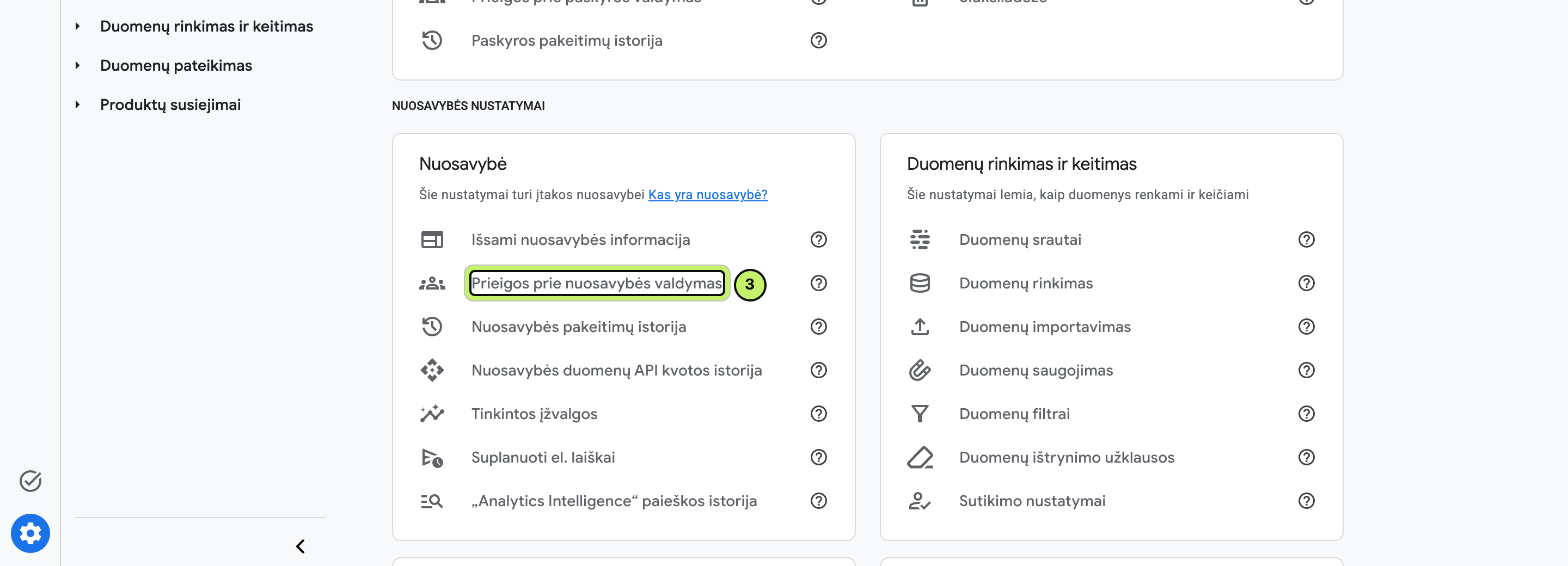 Administratoriaus skiltyje, stulpelyje Nuosavybė, rinkitės Prieigos prie nuosavybės valdymas